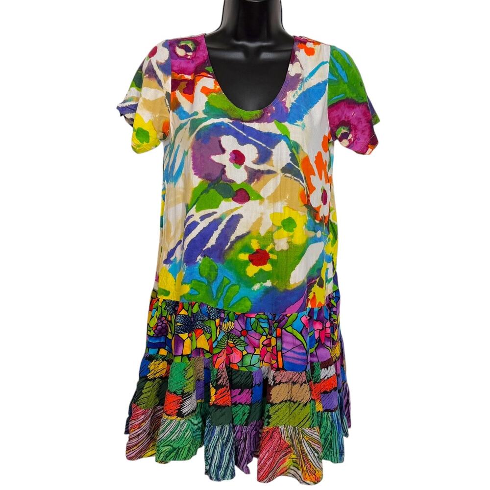 Vintage Jams World Hattie Dress XS Mixed Floral Mosaic Tiered Ruffle Boho Artsy